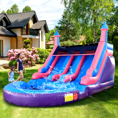 Outdoor commerciële dubbele baan opblaasbare waterslippen met zwembad