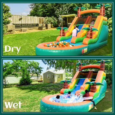 Commerciële droog- en natwaterglijbaan opblaasbare tropische Fiesta Breeze Kids opblaasbare waterslide met zwembad