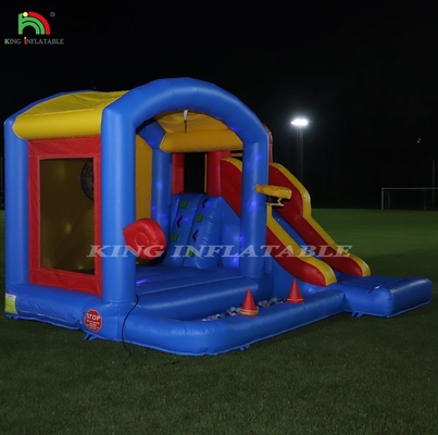 Kinderen opblaasbaar springkasteel met blazer, springkasteel met glijbaan, klimmen, obstakels, trampoline, ball pit pool