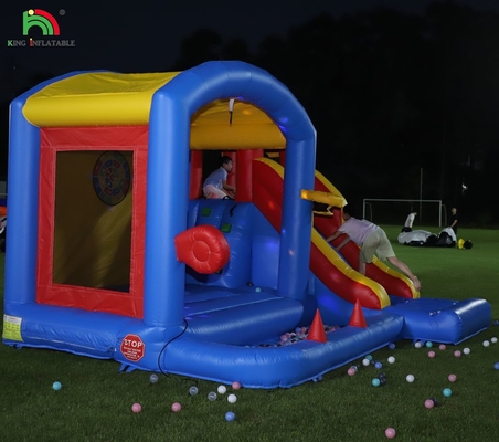 Kinderen opblaasbaar springkasteel met blazer, springkasteel met glijbaan, klimmen, obstakels, trampoline, ball pit pool