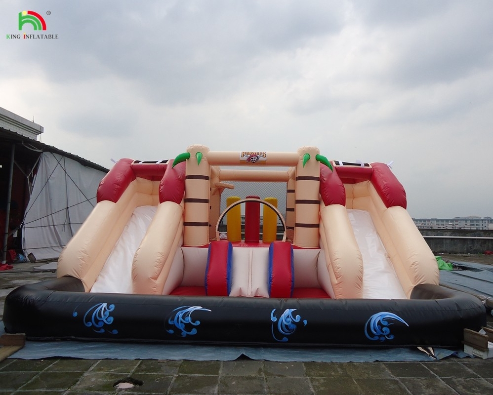 Custom opblaasbare uitsmijter Combo kasteel Droog en nat Combo Dubbele baan opblaasbare waterslide met zwembad